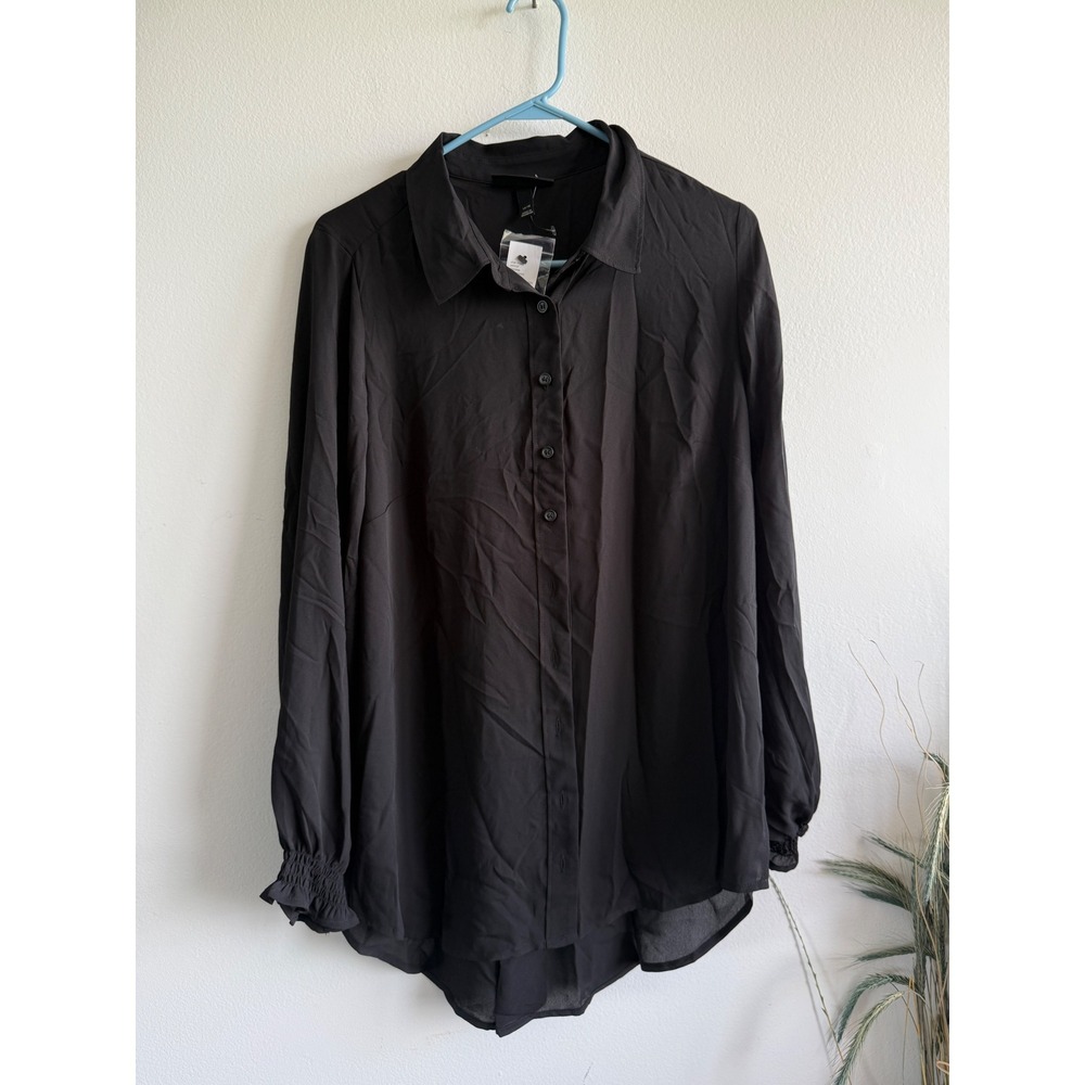 Lane Bryant Womens Black Smocked Cuff Button Down Blouse Shirt Plus 14/16 NEW